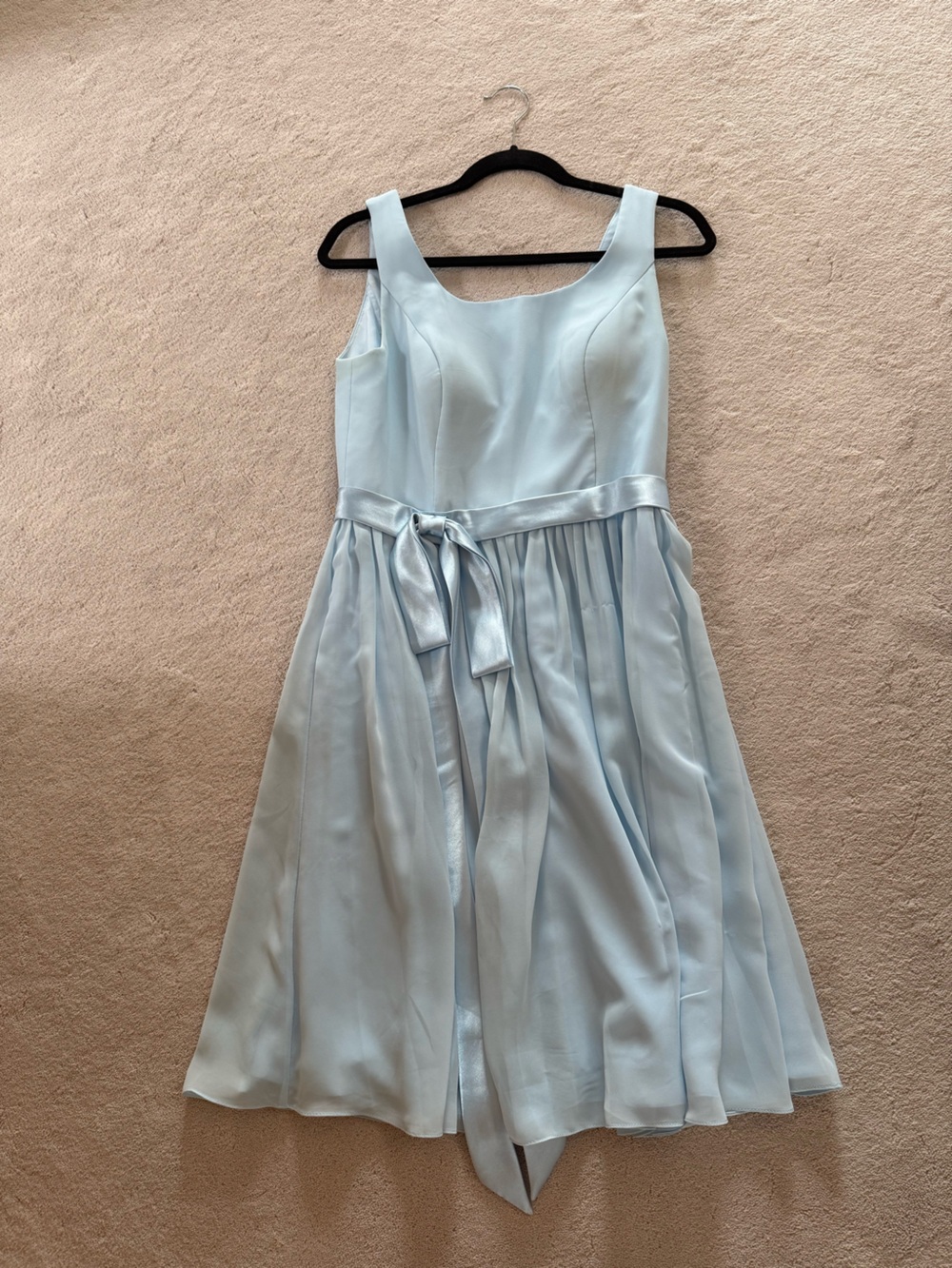 Light Blue Satin Fit-and-Flare Dress with Waist Tie